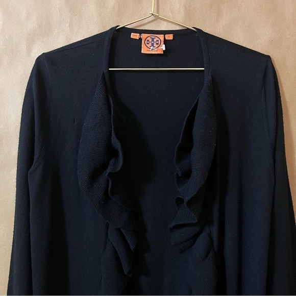 Tory Burch | Merino Wool Ruffle Trim Cardigan Sweater Open Front Black Size S - Picture 3 of 16